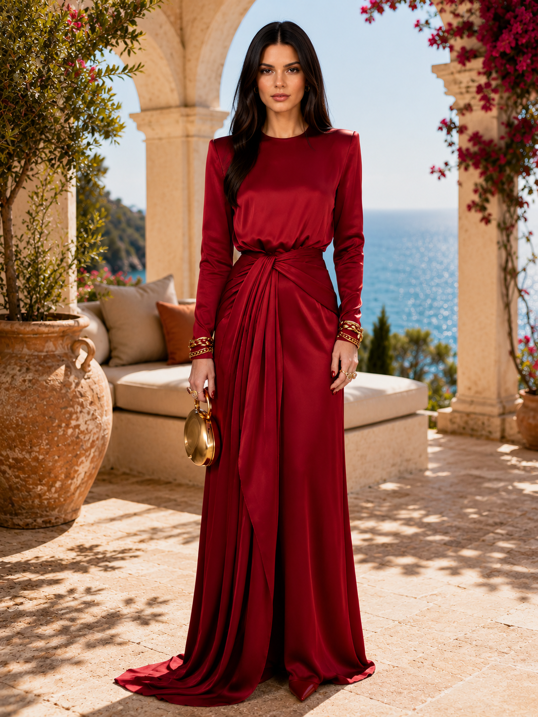 Sveva, vestito lungo effetto raso drappeggiato, rosso