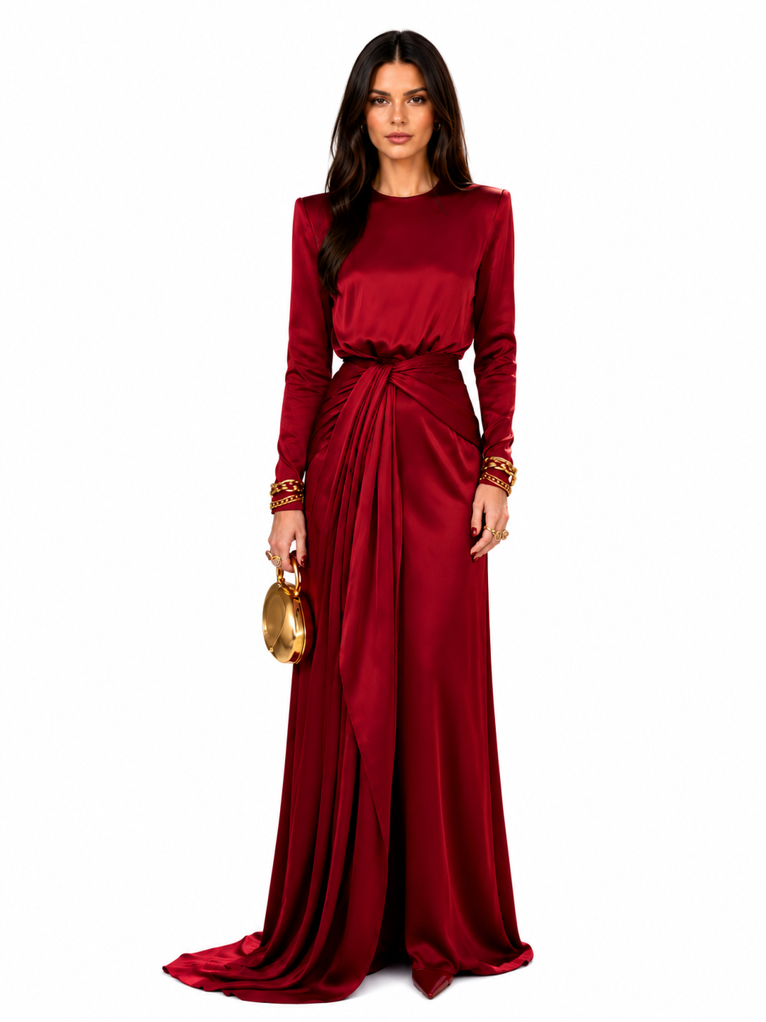 Sveva, vestito lungo effetto raso drappeggiato, rosso