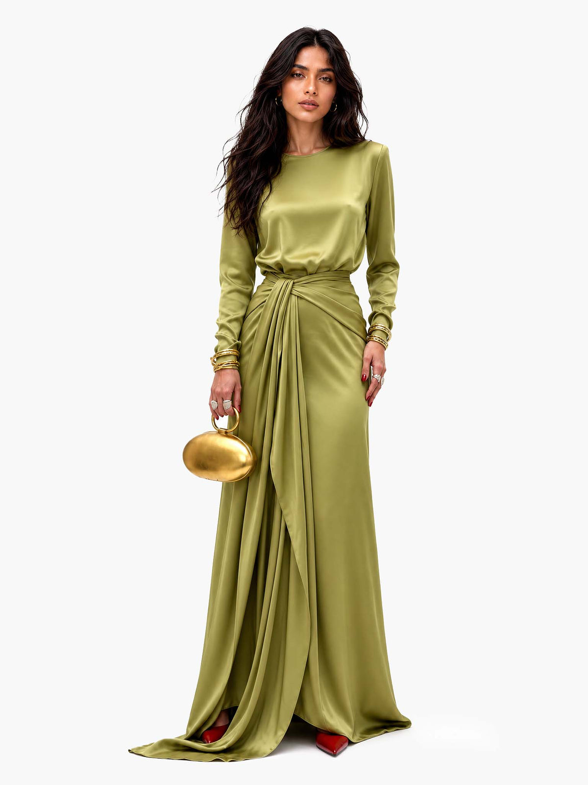 Sveva, vestito lungo effetto raso drappeggiato, verde oliva chiaro