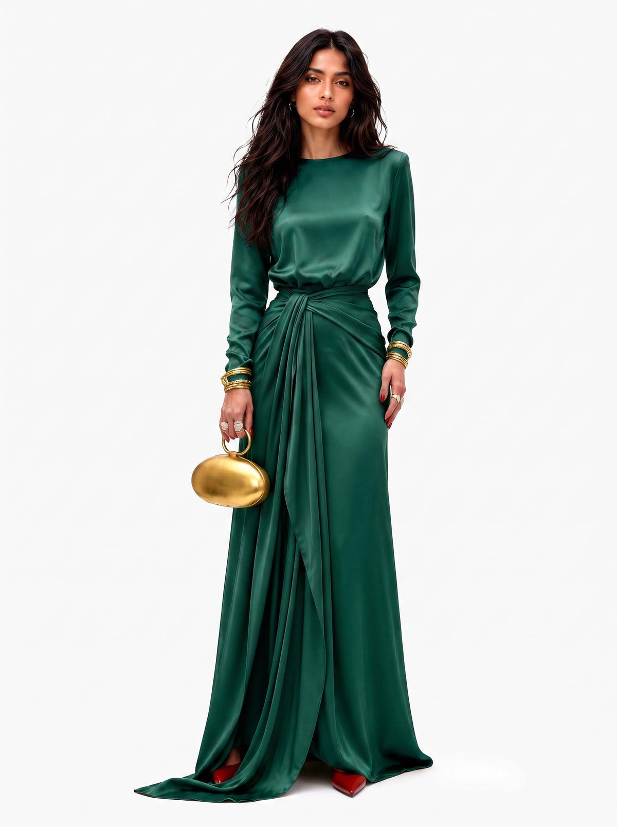 Sveva, vestito lungo effetto raso drappeggiato, verde scuro