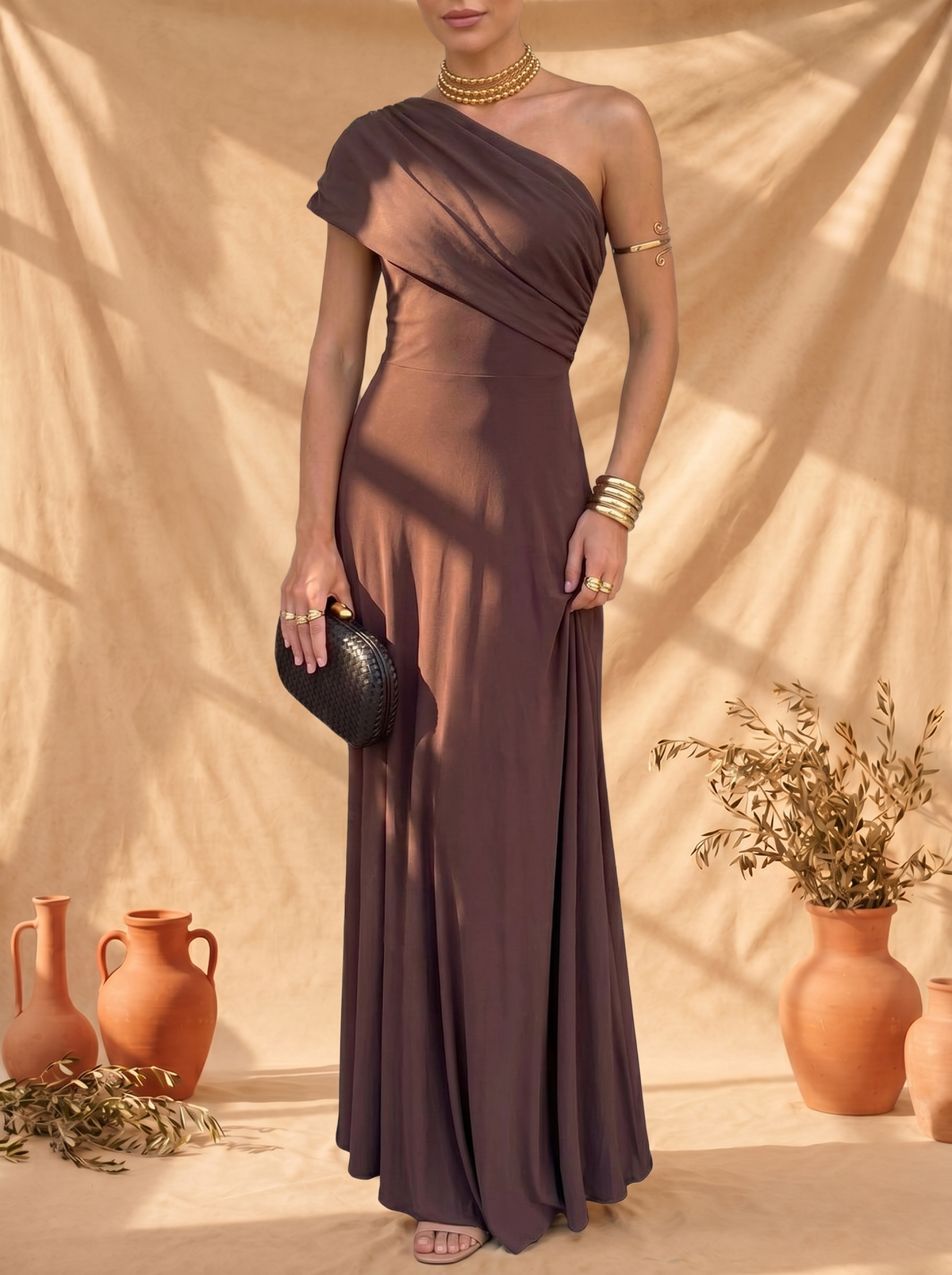 Teodora, vestito lungo drappeggiato, marrone cioccolato