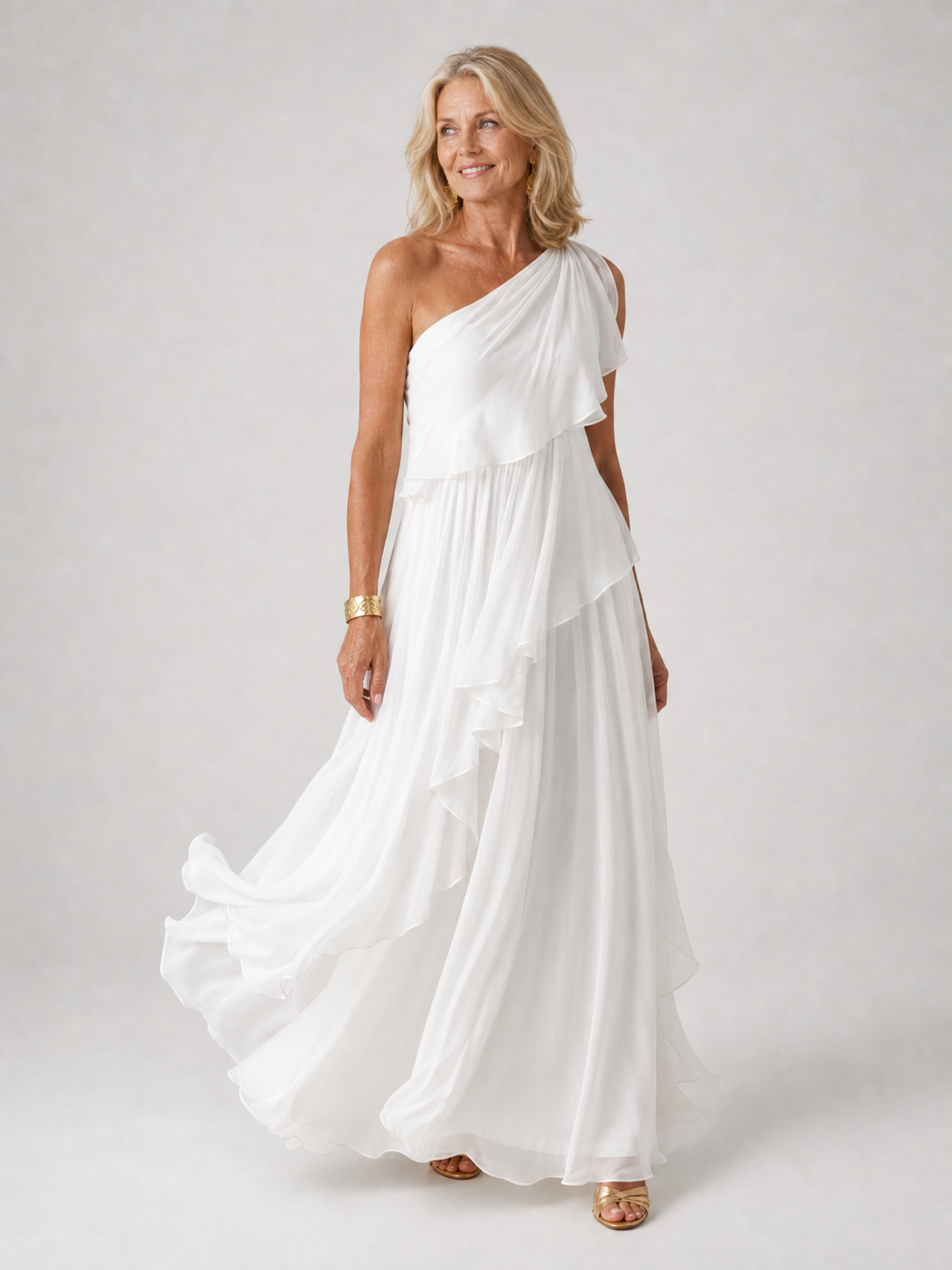 Virginia, vestito lungo monospalla con volant, bianco