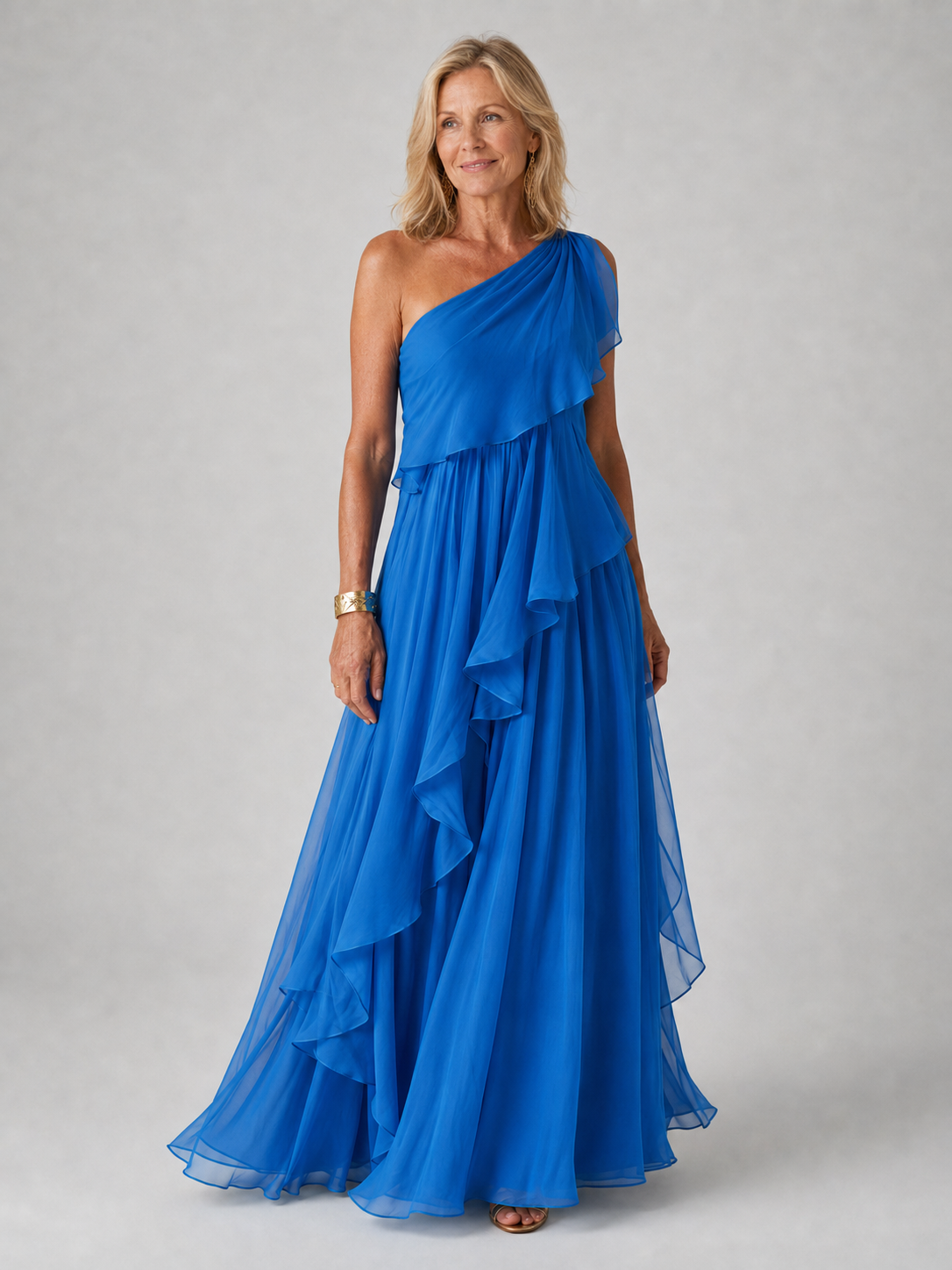 Virginia, vestito lungo monospalla con volant, blu cobalto