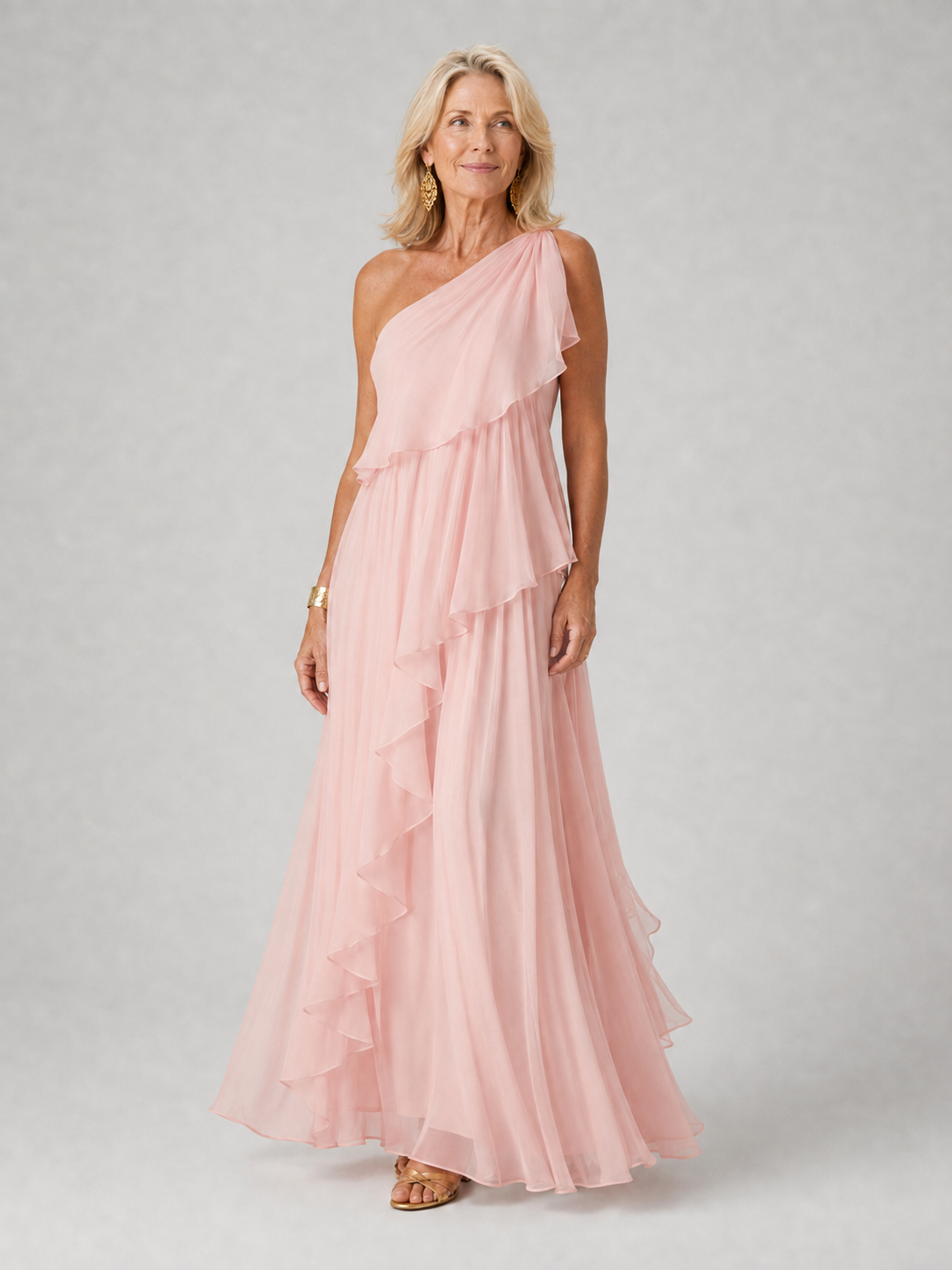 Virginia, vestito lungo monospalla con volant, rosa chiaro