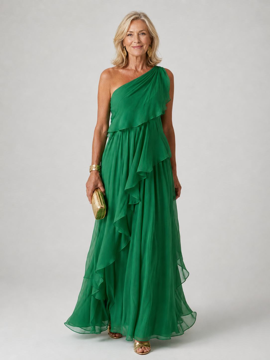 Virginia, vestito lungo monospalla con volant, verde
