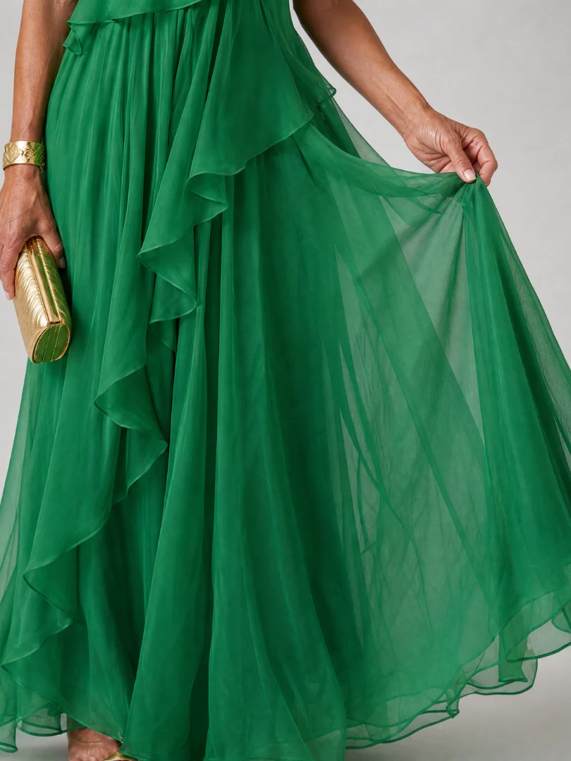 Virginia, vestito lungo monospalla con volant, verde