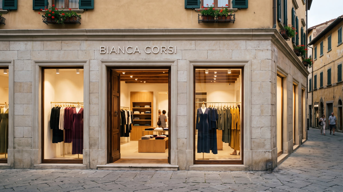La facciata del negozio Bianca Corsi al tramonto, con le vetrine illuminate e la porta aperta.