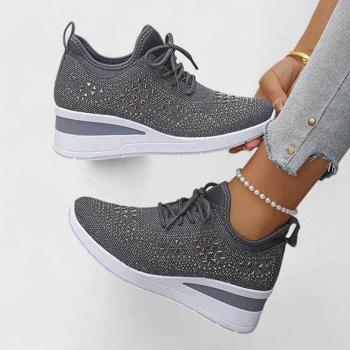 Donatella | Sneakers in maglia con strass e suola rialzata - Grigio