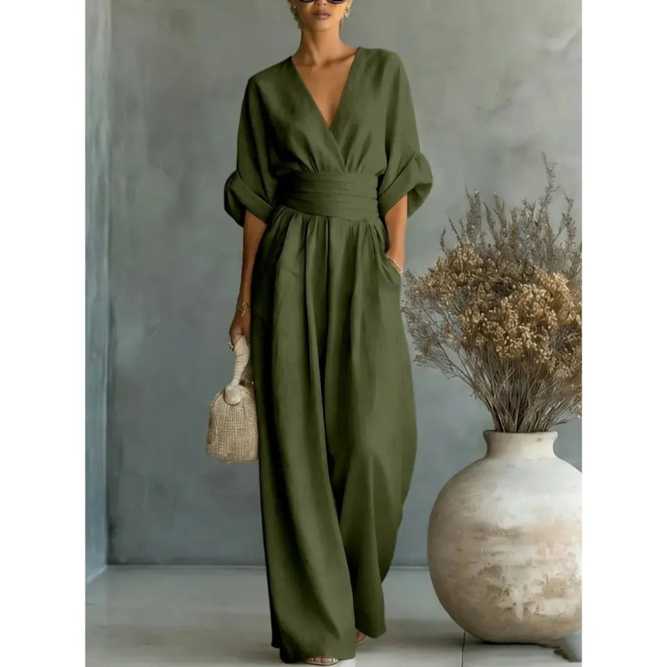 Enrica, tuta drappeggiata a gamba larga con scollo a V, verde oliva