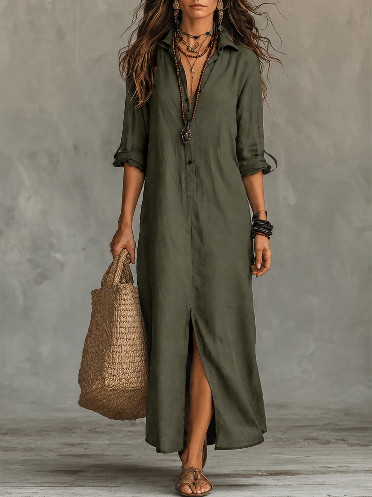 Marianna, vestito chemisier lungo effetto lino con bottoni, verde oliva