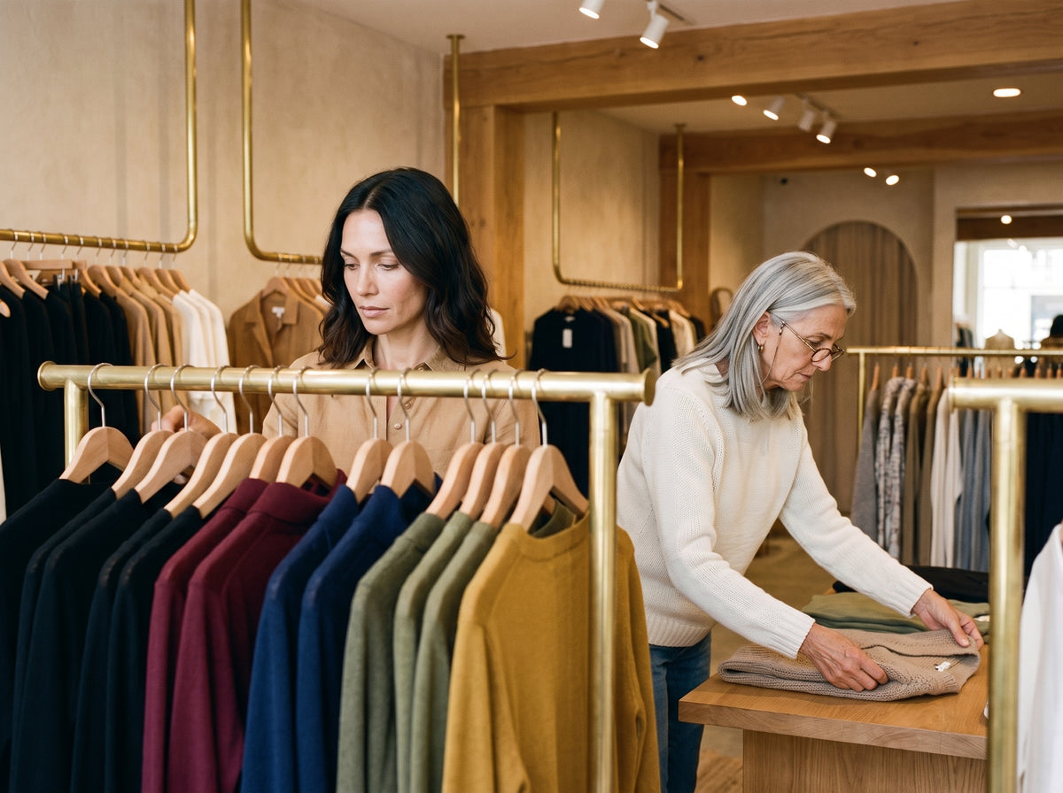 Le due donne del negozio sistemano i capi: una allinea le grucce, l'altra piega una maglia