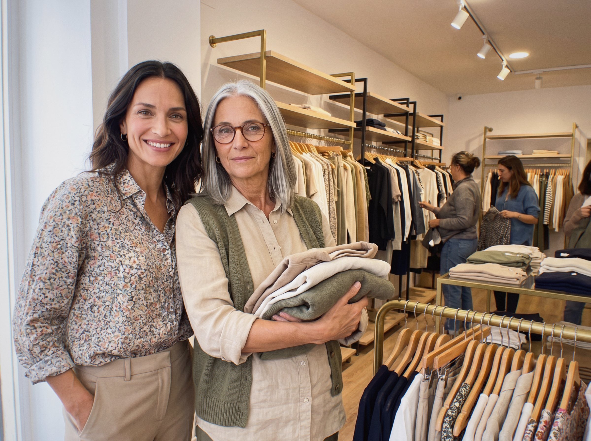Dos mujeres sonríen entre percheros y prendas dobladas en una tienda de ropa