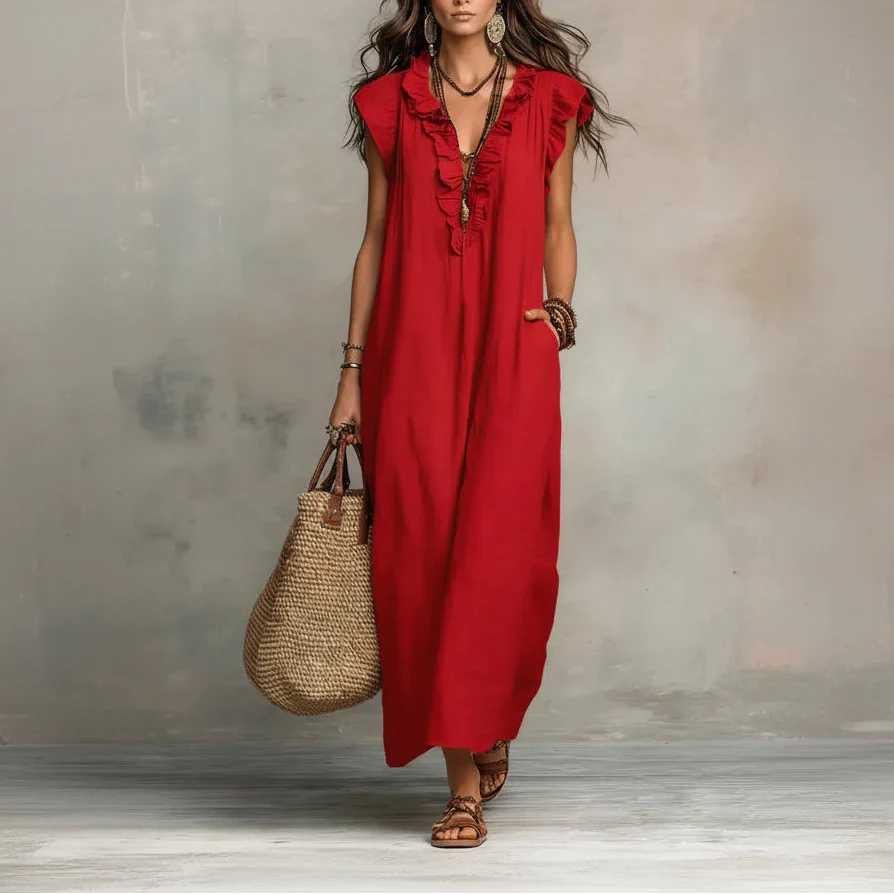 Zoe, vestito lungo effetto lino con scollo a V allacciato, rosso