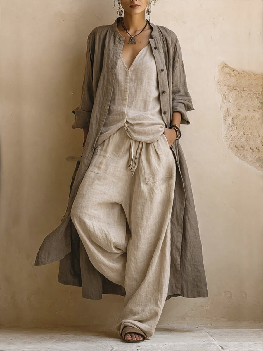 Isotta, coordinato tre pezzi con cardigan lungo e pantaloni a gamba larga, beige