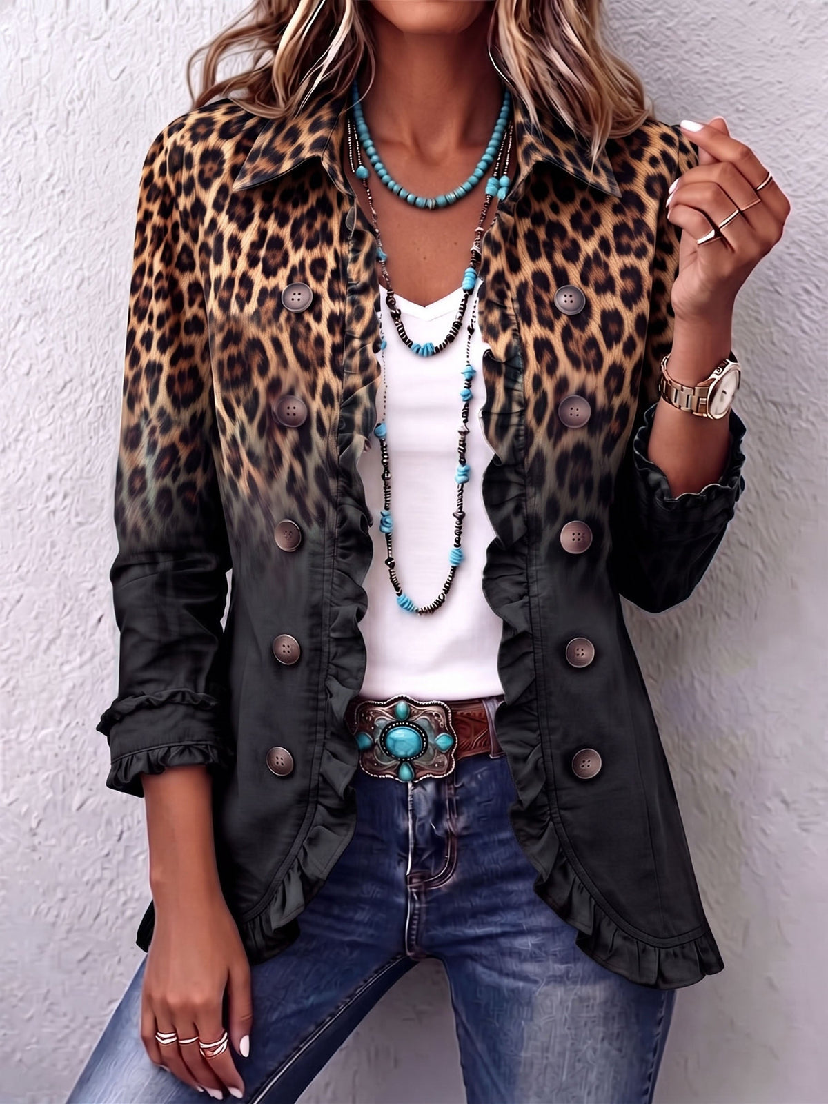 Erminia | Blazer leopardato nero con volant