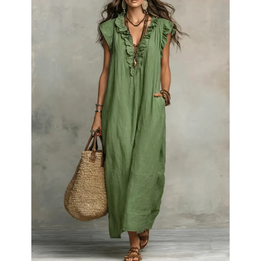 Zoe, vestito lungo effetto lino con scollo a V allacciato, verde retrò
