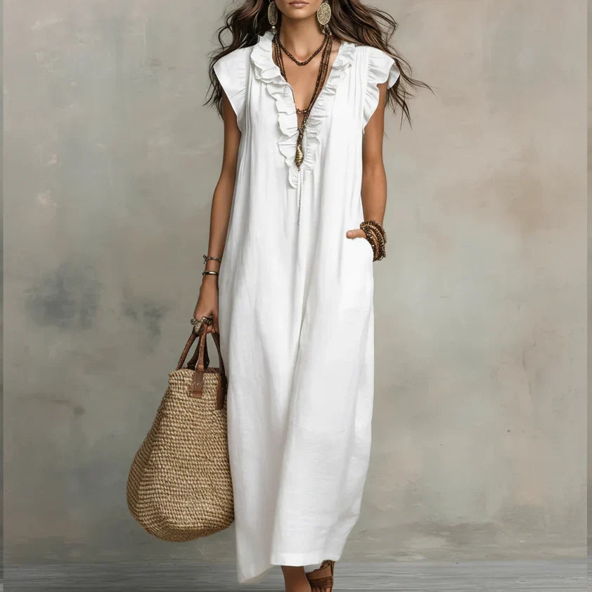 Zoe, vestito lungo effetto lino con scollo a V allacciato, bianco