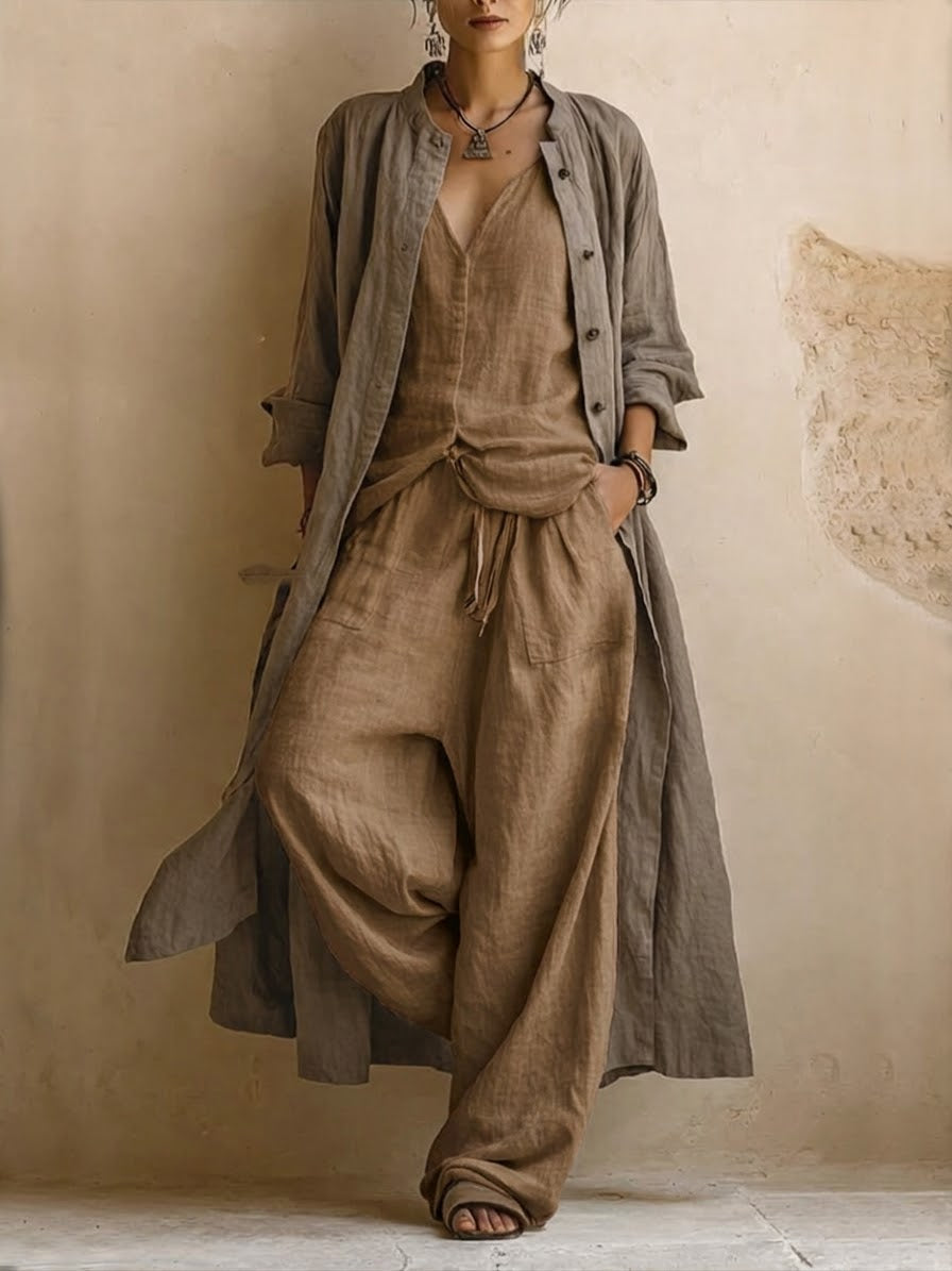Isotta, coordinato tre pezzi con cardigan lungo e pantaloni a gamba larga, caramello