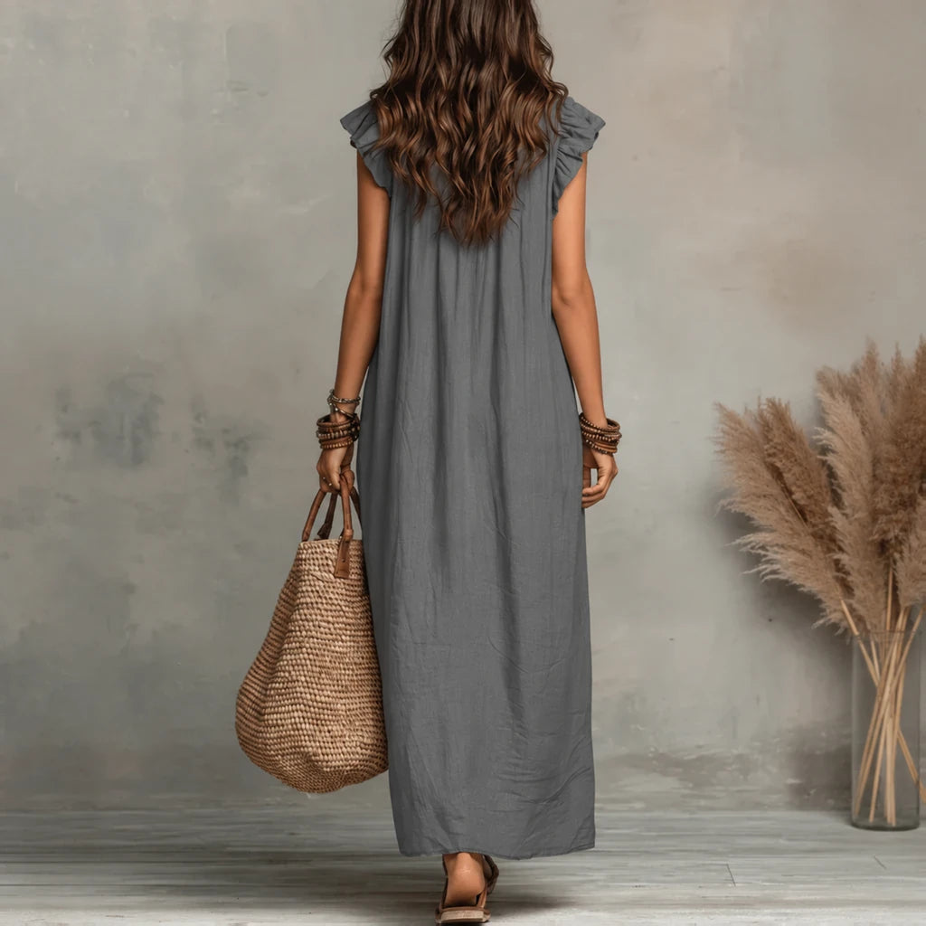 Zoe, vestito lungo effetto lino con scollo a V allacciato