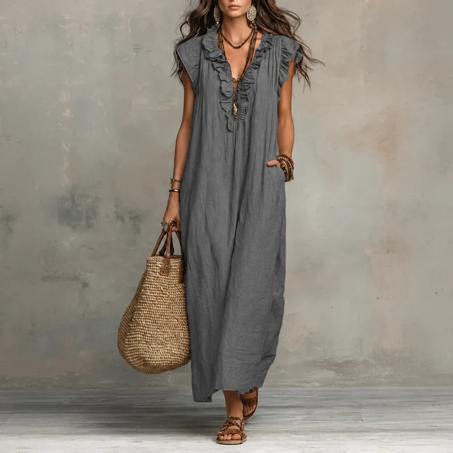 Zoe, vestito lungo effetto lino con scollo a V allacciato, grigio